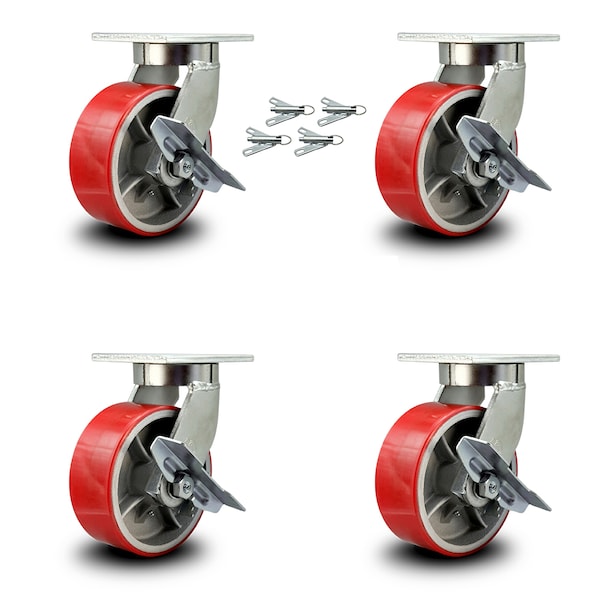 8 Inch Heavy Duty Red Poly on Cast Iron Caster Set with Brake and Swivel Lock